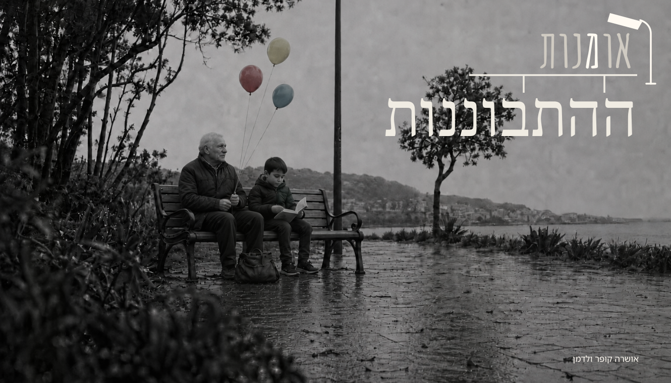 סבא ונכד יושבים יחד על ספסל עם שלושה בלונים, תמונת המותג של אומנות ההתבוננות