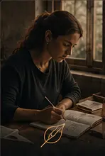 אישה כותבת ליד חלון